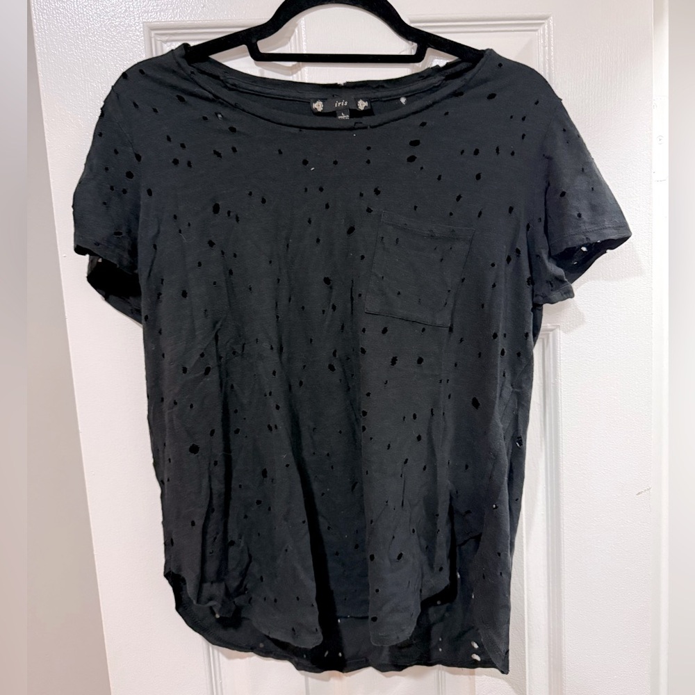Iris black tee size large with hole details